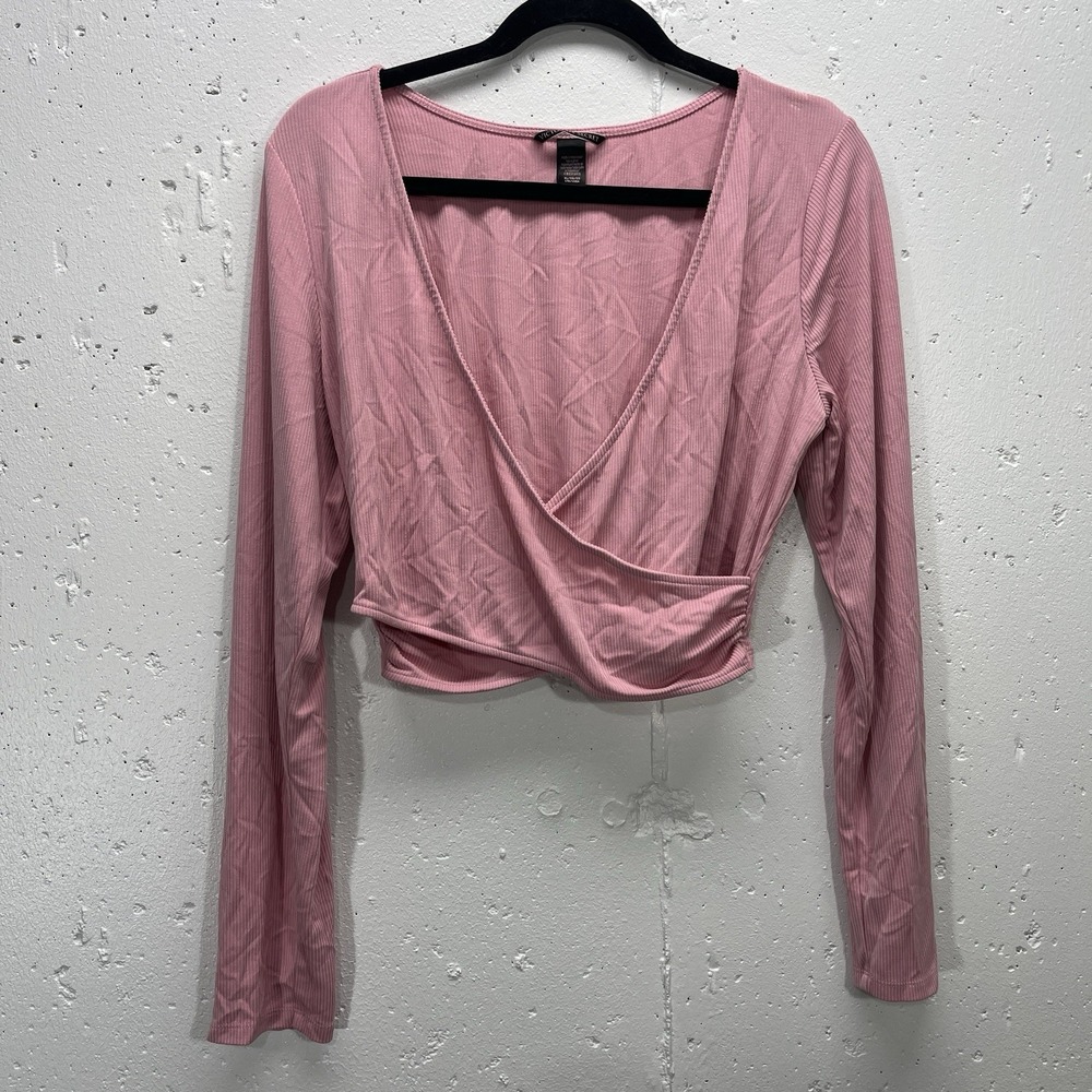 Victoria's Secret Womens XL Top Pink Ribbed Knit Faux Wrap Crop Long Sleeve‎